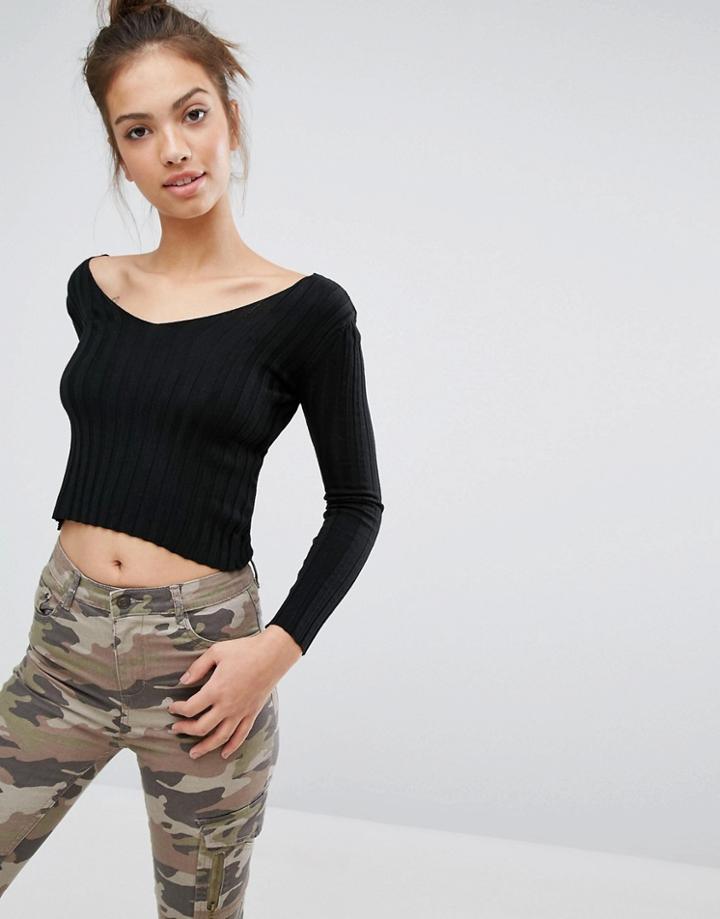 Pull & Bear V Neck Cropped Knit Top - Black