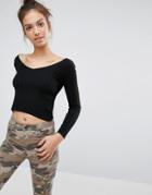 Pull & Bear V Neck Cropped Knit Top - Black