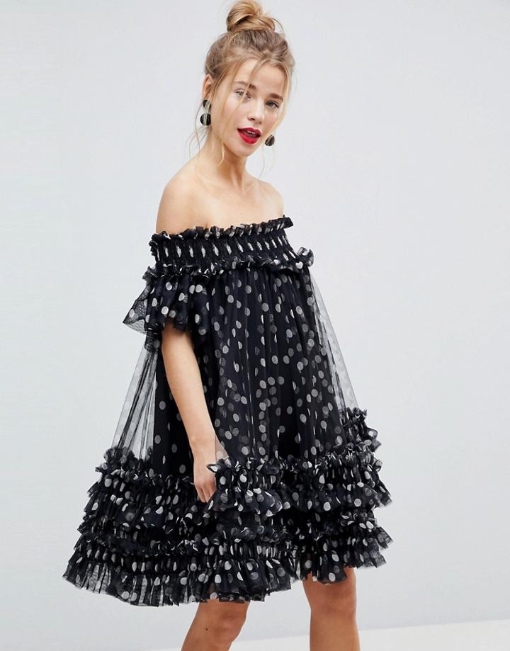 Asos Bardot Tulle Ruched Mini Dress In Polka Dot - Multi