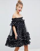 Asos Bardot Tulle Ruched Mini Dress In Polka Dot - Multi