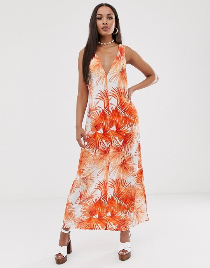 Asos Design Low Back Maxi Dress In Palm Print-multi