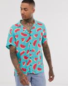 Bershka Short Sleeved Shirt In Relaxed Fit With Watermelon Print In Aqua - Blue