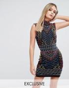 Starlet High Neck Mini Dress In All Over Multi Embellishment - Multi