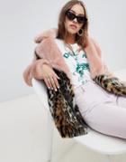 Jakke Mid Length Faux Fur Coat In Contrast Leopard - Pink