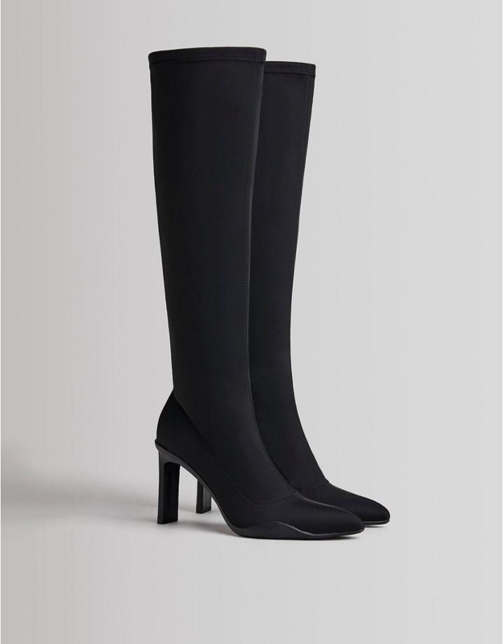 Bershka Scuba Knee High Pointed Heeled Boot In Black