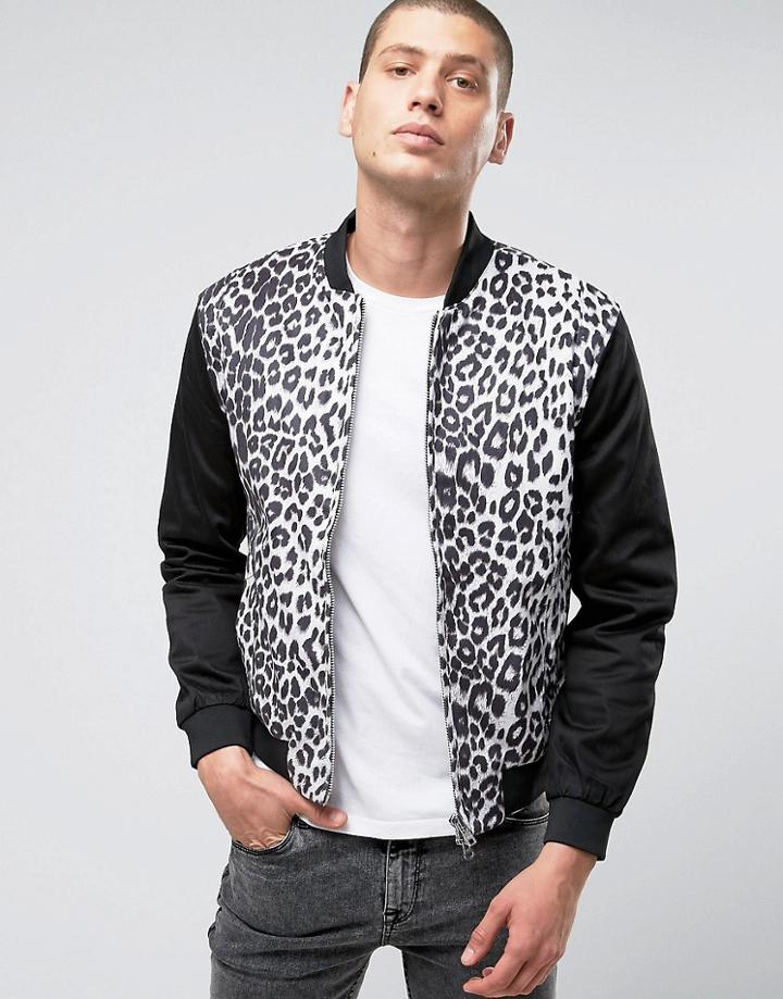 Religion Bomber Jacket With Leapord Print Body And Two Way Zip - White