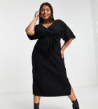 Asos Design Curve Super Soft V-neck Belted Midi Sweater Dress In Black