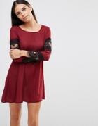 Ax Paris Swing Dress With Lace Sleeve Detail - Wine