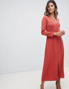Asos Design Button Through Maxi Dress With Long Sleeves - Red