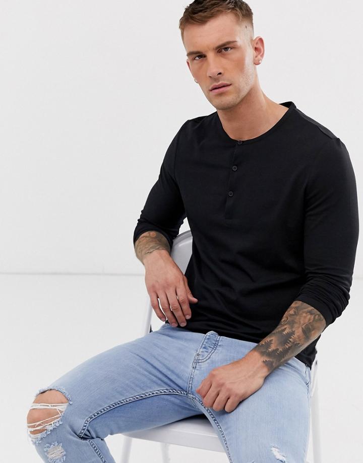 Asos Design Organic Long Sleeve T-shirt With Grandad Neck In Black - Black