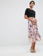Asos Pleated Midi Skirt In Floral Print - Multi