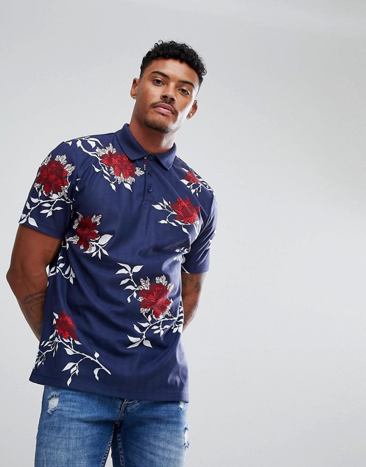 Asos Relaxed Polo Shirt With All Over Floral Print In Pique - Multi