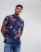 Asos Relaxed Polo Shirt With All Over Floral Print In Pique - Multi