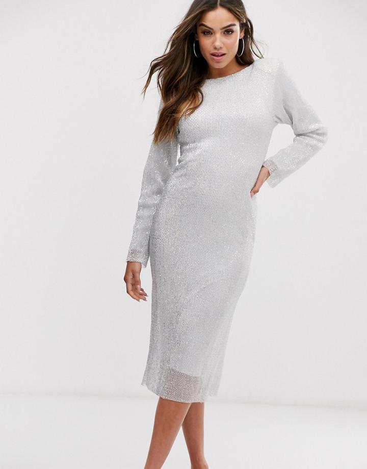 Club L London Plisse Sequin Midi Dress-silver