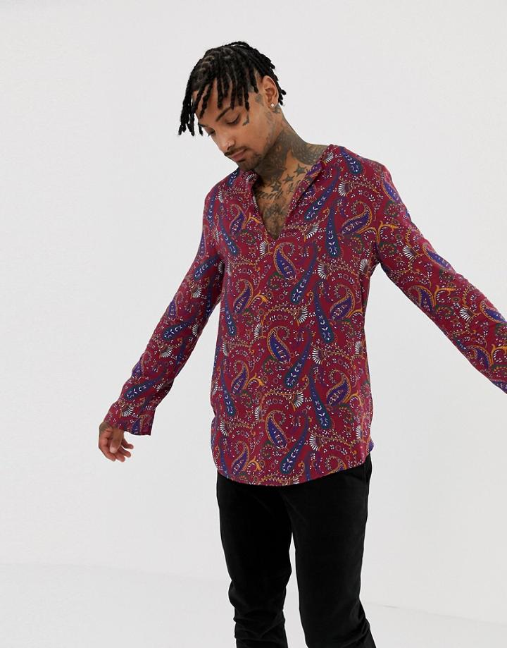 Asos Design Regular Fit Overhead Shirt In Paisley Print - Red