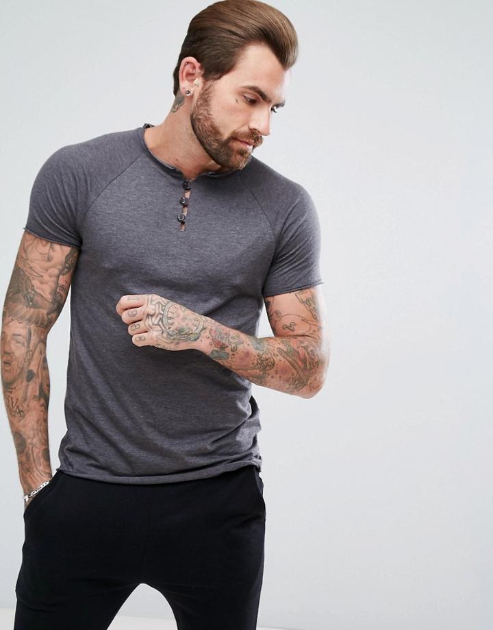 Asos T-shirt With Grandad Neck And Raglan Sleeves - Gray