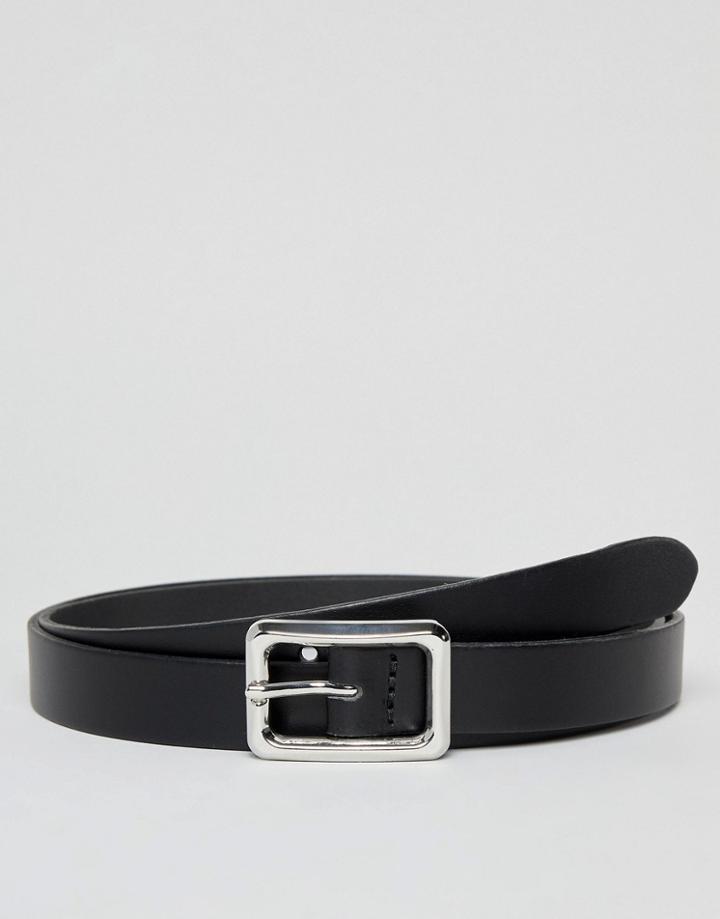 Asos Design Leather Skinny Belt In Black With Silver Square Buckle - Black