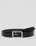 Asos Design Leather Skinny Belt In Black With Silver Square Buckle - Black