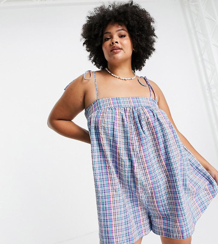 Asos Design Curve Tie Shoulder Swing Romper In Multi Check
