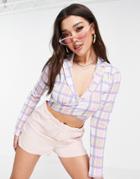 Asos Design Jersey Suit Wrap Crop Blazer In Summer Check-multi