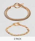 Asos Design Pack Of 2 Bracelets With Heavyweight Chain And Flat Rope Chain Gold - Gold