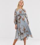 Hope & Ivy Maternity Floral Lace Trim Long Sleeve Midi Dress-multi