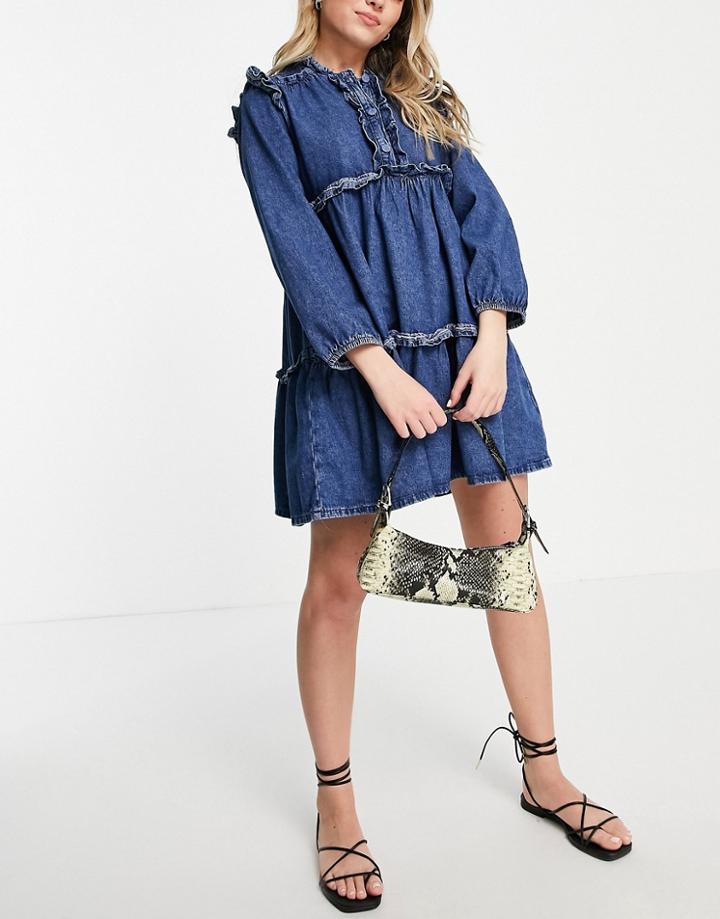 Topshop Ruffle Tiered Dress In Mid Blue Wash-blues