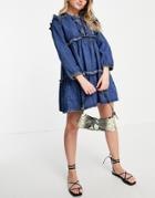 Topshop Ruffle Tiered Dress In Mid Blue Wash-blues