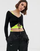 Collusion Ruched Lettuce Edge Crop Top - Black