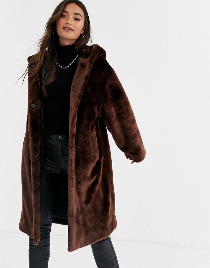 Asos Design Plush Faux Fur Hooded Coat In Brown