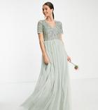 Maya Tall Bridesmaid Short Sleeve Maxi Tulle Dress With Tonal Delicate Sequins In Sage Green