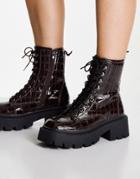 Truffle Collection Faux Leather Square Toe Chunky Lace Up Boots In Brown Croc