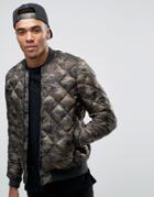 Pull & Bear Quilted Bomber Jacket In Camo - Green