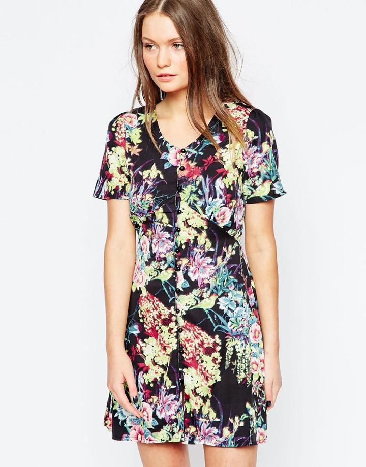 Yumi Button Detail Tea Dress In Floral Print - Multi