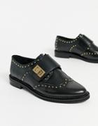 Asos Design Marvel Leather Monk Flat Shoes With Hardware In Black