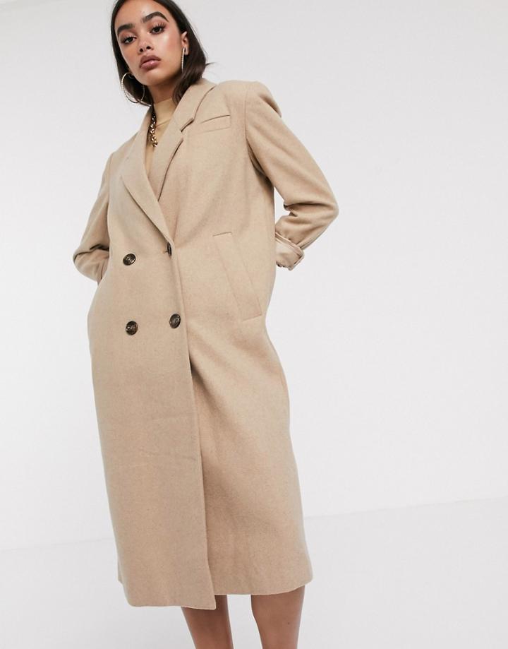 Asos Design Double Breasted Longline Coat In Camel - Beige