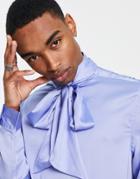Asos Design Satin Shirt With Pussybow Tie Neck In Cornflower Blue