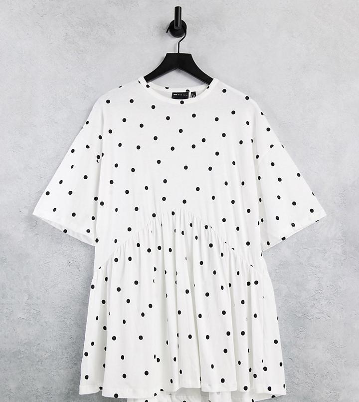 Asos Design Petite Oversized Mini Smock Dress With Dropped Waist In White And Black Polka Dot