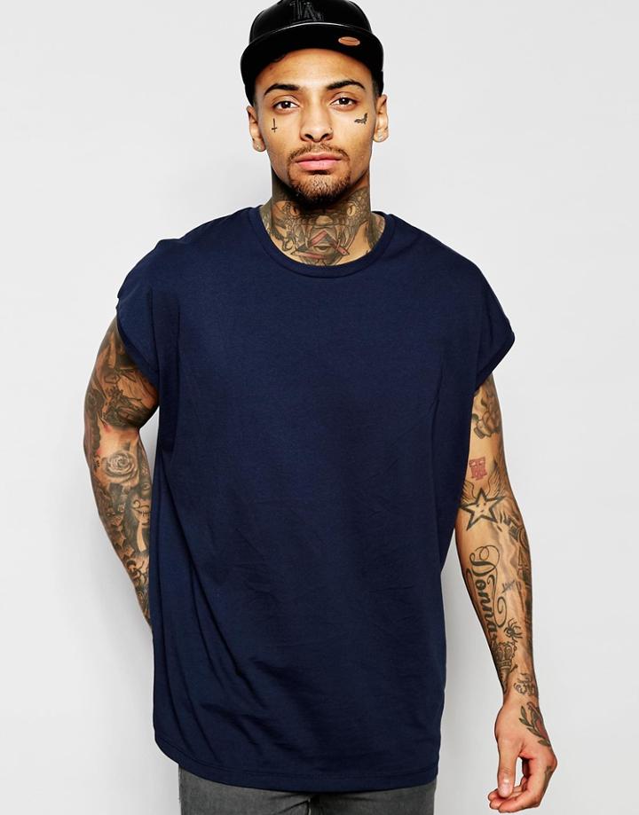 Asos Super Oversized Sleeveless T-shirt In Navy - Total Eclipe