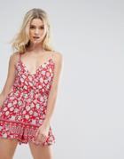 Parisian Printed Cami Romper With Frill Shorts - Red