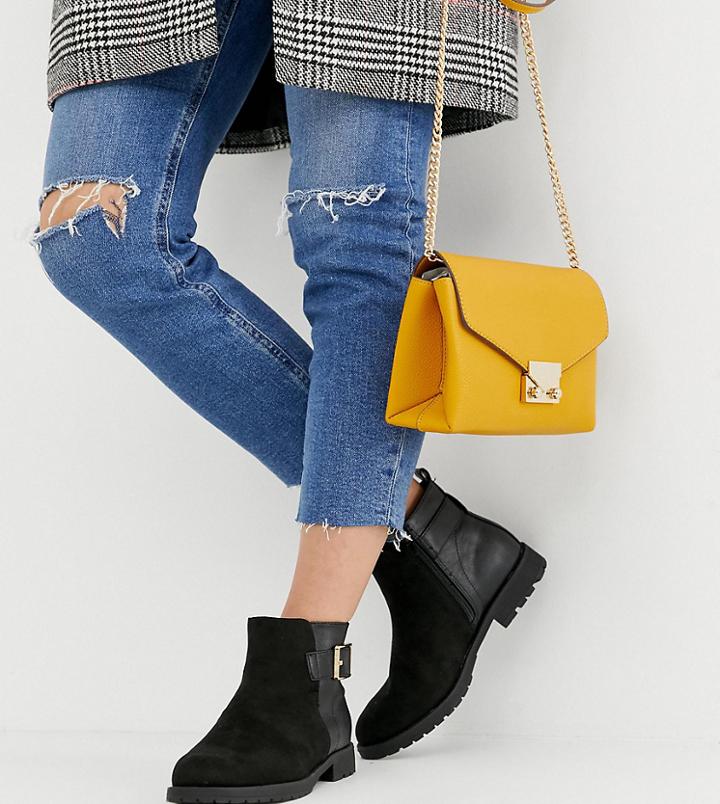 New Look Wide Fit Suedette Flat Boot In Black