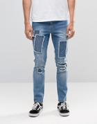 Brooklyn Supply Co Mid Wash Dumbo Jeans Patchwork Detail With Knee Rip - Blue