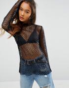 Asos Top With High Neck In Oversized Mesh - Black