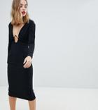 Asos Design Petite Long Sleeve Exposed Underwire Bodycon Midi Dress - Black