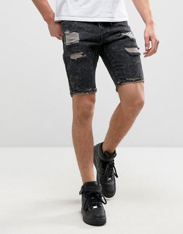 Always Rare Donny Denim Short Black Acid Wash Rips - Black