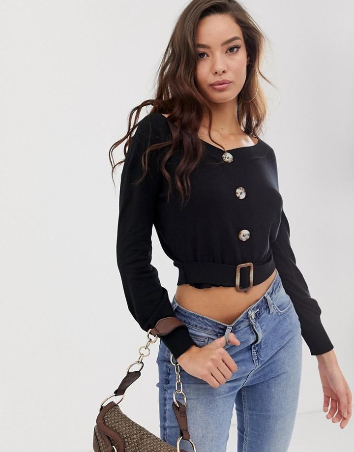 Asos Design Off Shoulder Cardigan With Buttons And Self Belt - Black