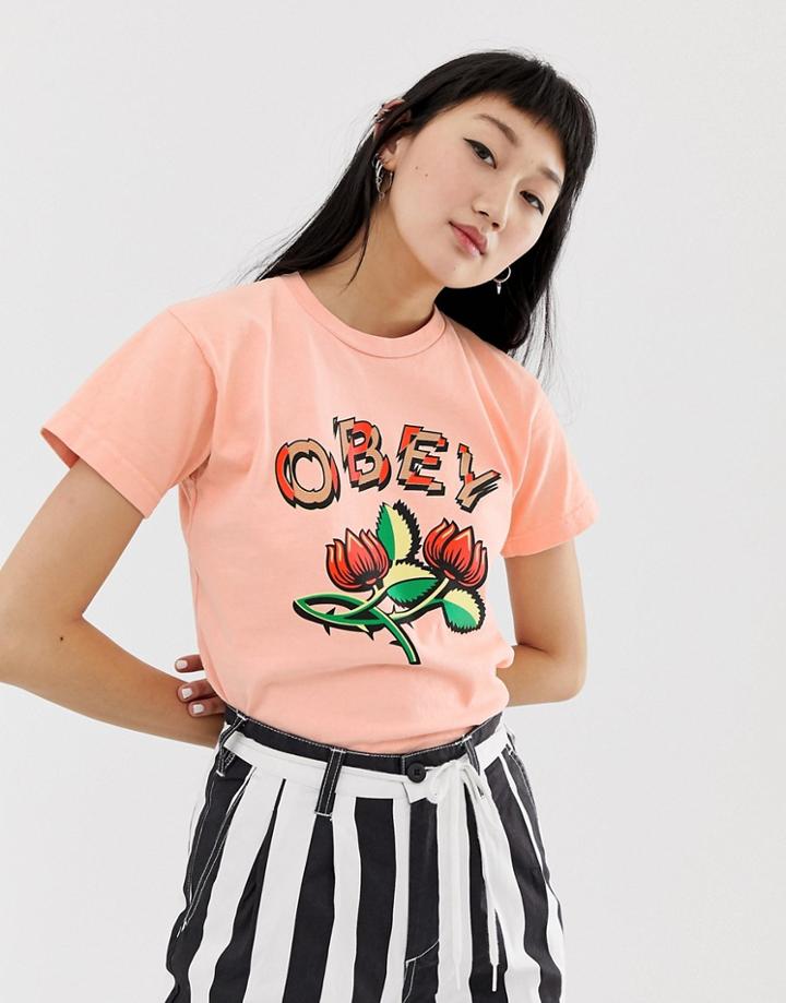 Obey Relaxed T-shirt With Front Logo And Rose Graphic