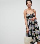 Asos Design Tall Cut Out Midi Sundress In Dark Floral Print With Bow - Multi