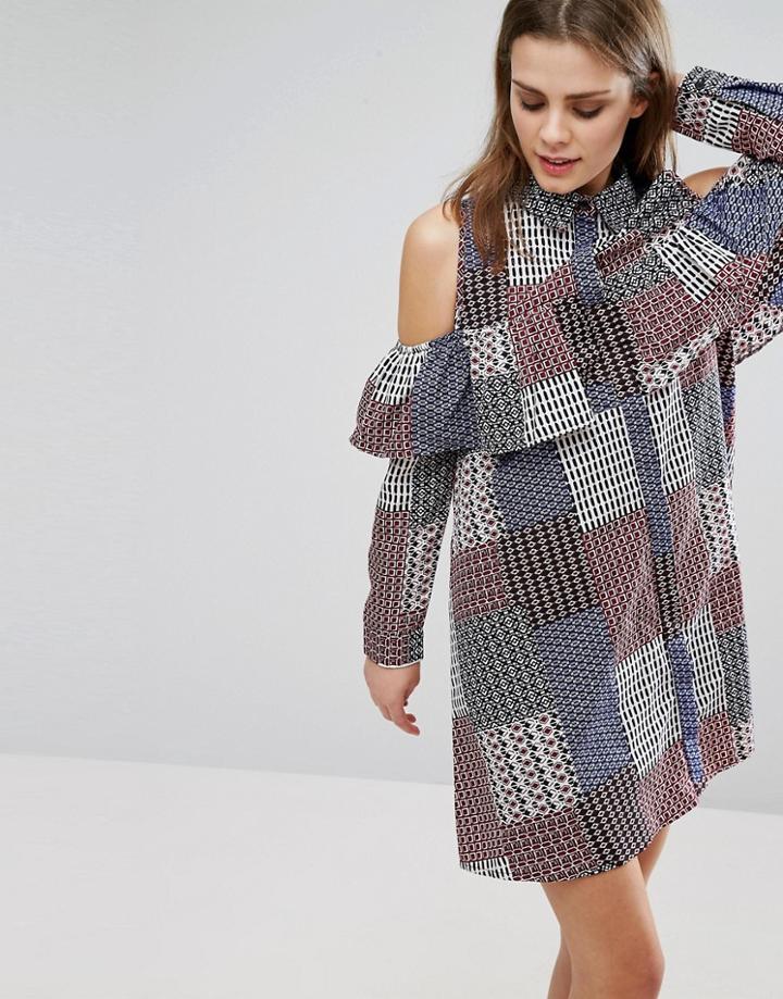 Influence Cold Shoulder Ruffle Front Shirt Dress - Multi