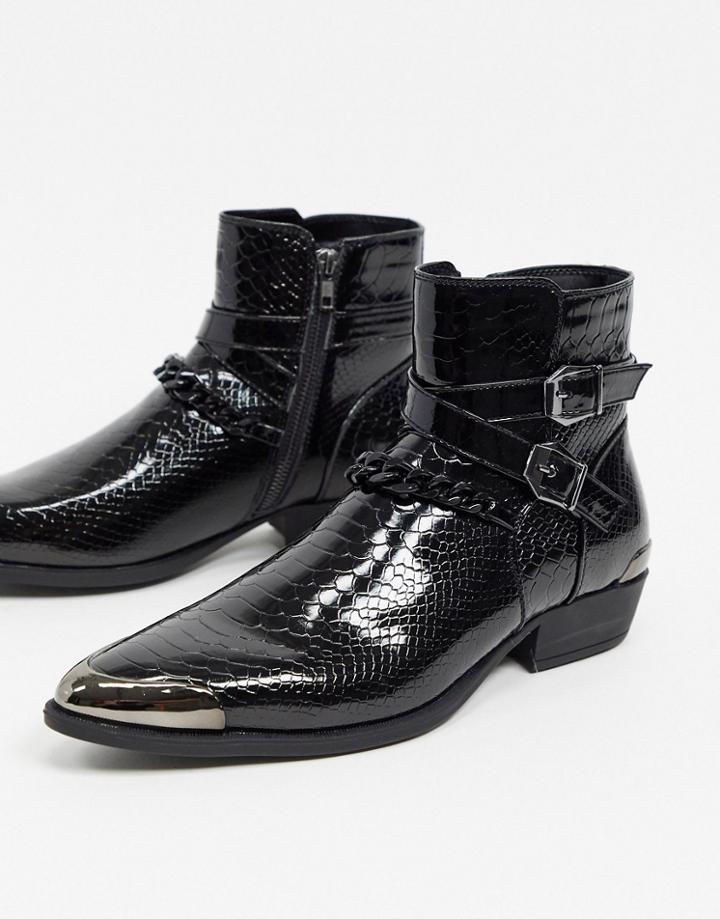 Asos Design Cuban Heel Western Chelsea Boots In Black Croc Faux Leather With Strap And Chain Detail